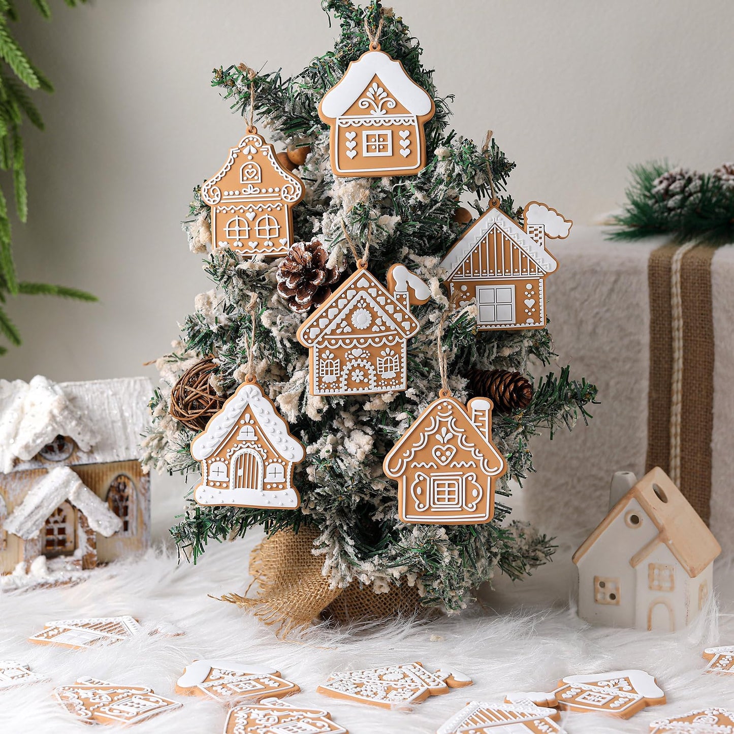 Sosation 24 Pcs Christmas Gingerbread House Ornaments Gingerbread Hanging Decorations Silicone Christmas Ornaments with Ropes for Xmas Tree Winter Crafts