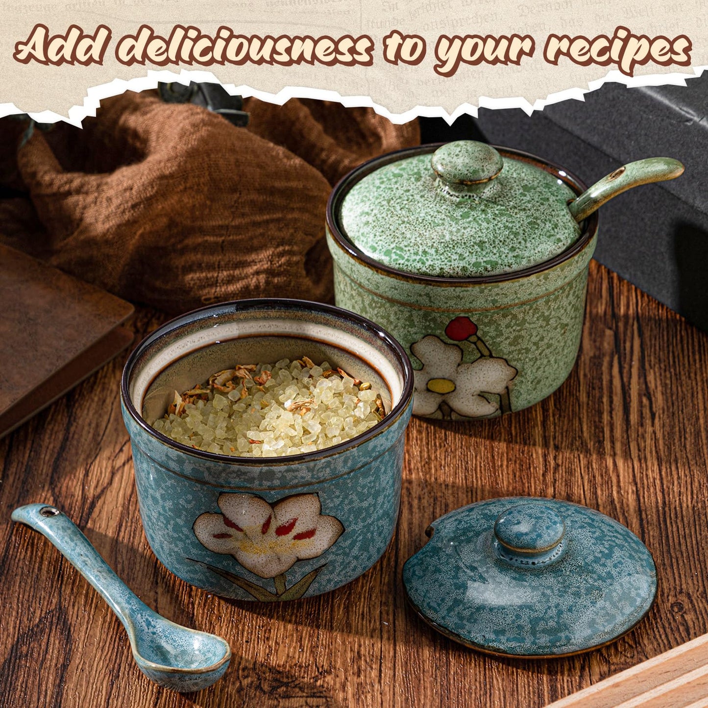 Acellegic 2 Pack Retro Hand Painted Flower Ceramic Salt Pepper Cellar with Lid and Spoon, Heavyweight Round Sugar Spice Containers Porcelain Jar for Housewarming Gift, Artisan Kitchen Decoration