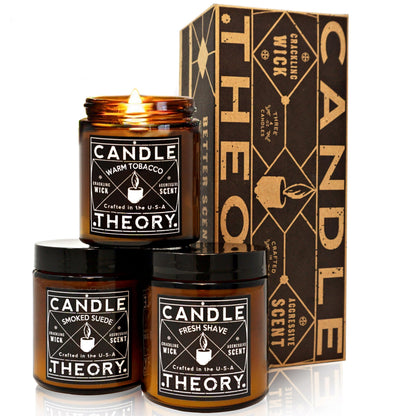 Candle Theory Man Cave Stuff Men 4oz Candles Set of 3, Crackling Woodwick Masculine Scent, Warm Tobacco Cigar, Smoked Suede, Fresh Shave