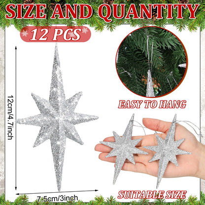 Quzzil 12 Pcs Christmas Bethlehem Star Silver Ornament 4.72 x 2.95 Inch Star of Bethlehem Christmas Tree Topper Glitter Ornament Plastic Nativity Stars Hanging Decor Accessories