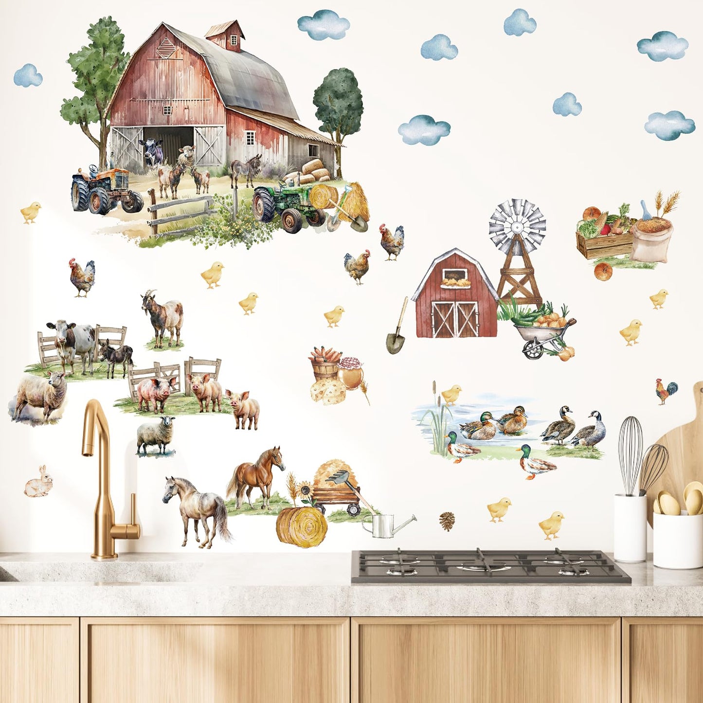 Large Farm Animal Wall Decals Peel and Stick Funny Animal Wall Stickers Farmhouse Decoration Sheep Chicken Rooster Duck Horse Pig Cow Cute Farm Wall Stickers for Kids Room Playroom Kitchen Decor