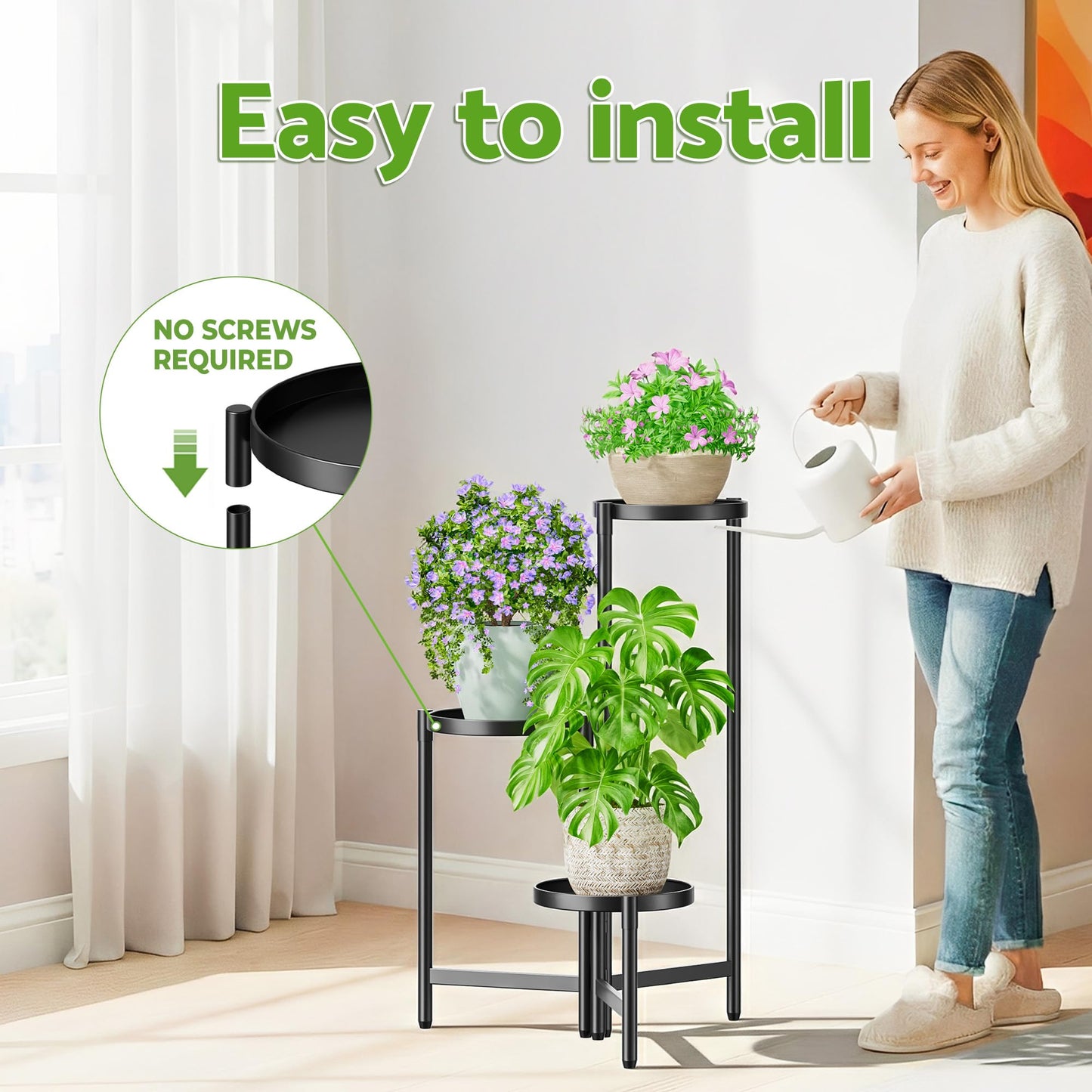 NQW 3 Tier Large Plant Stand Indoor with 7.9 Inch Wide Tray, Tiered Corner Metal Outdoor Flower Holder Stand, Folding Tall Rack for Display Shelf for Patio Porch Balcony - BlackDisk