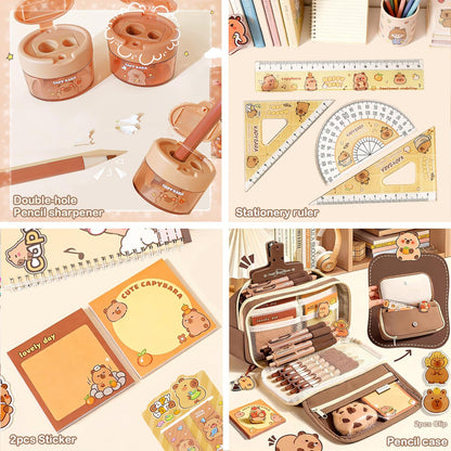 DHUENIOPE Capybara Gifts with Capybara Themed Tote Bag and Stationery Set Pencil Case Sticky Notes Ballpoint Pens Spiral Notebooks Sharpener, Highlighters, Ruler, Eraser for Rewards Birthdays Gift