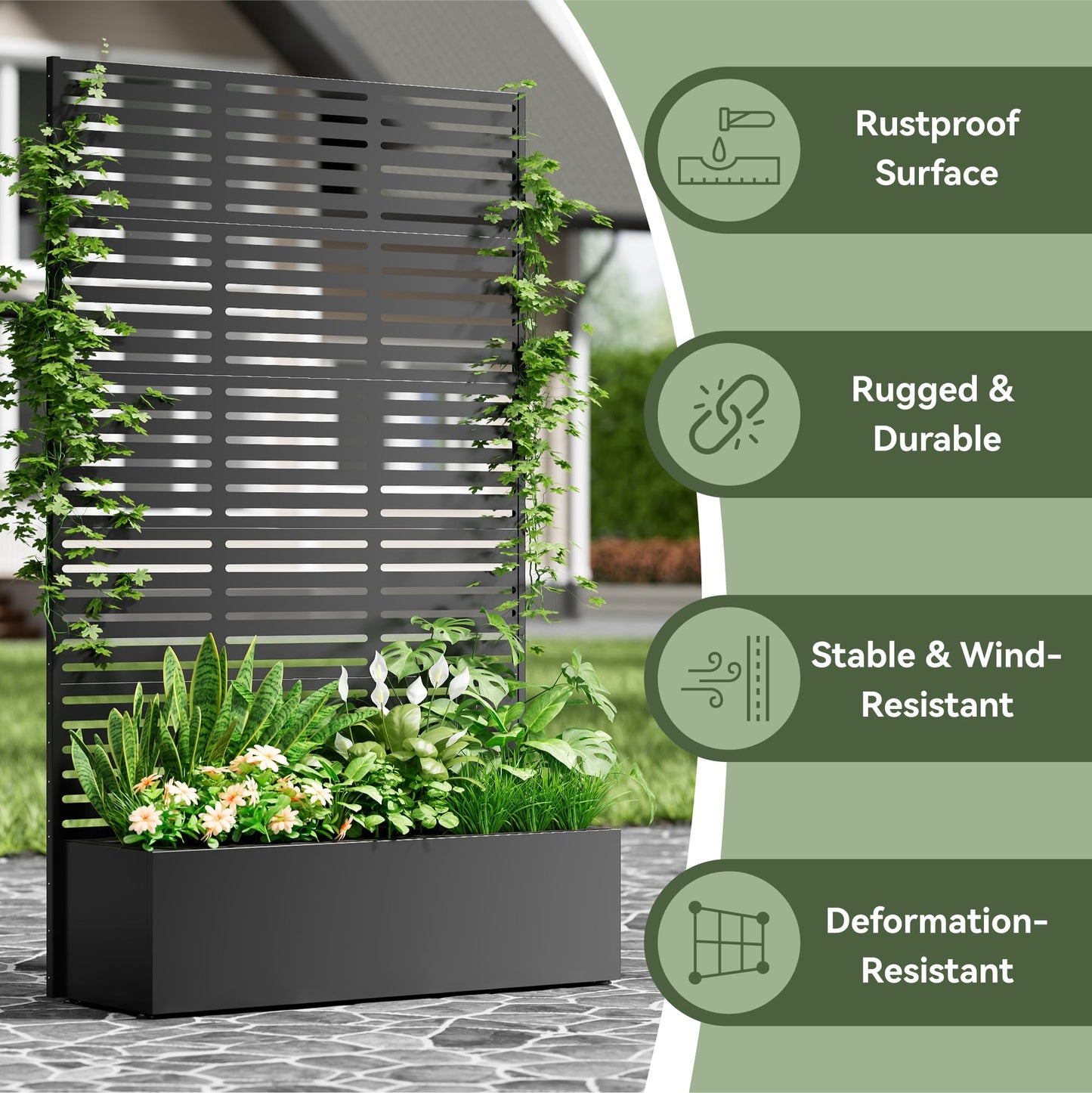 COFaR 71" Tall Metal Planter Box with Trellis & Privacy Screen, Steel Raised Garden Bed with Drainage Holes & Adjustable Feet, Outdoor Planter for Climbing Plants, Patio, Deck, Balcony (Slatted)