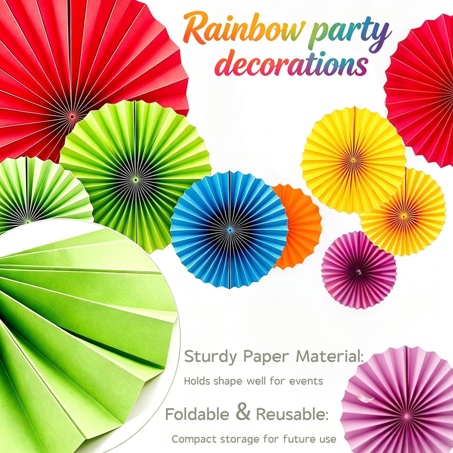 AimtoHome Rainbow Paper Round Fan Decorations,Vibrant Red Green Yellow Blue Orange Purple Hanging Fans, Fiesta Party Decor, Wedding Birthday Backdrop, Back to School Decor, Set of 12, 10", 12"