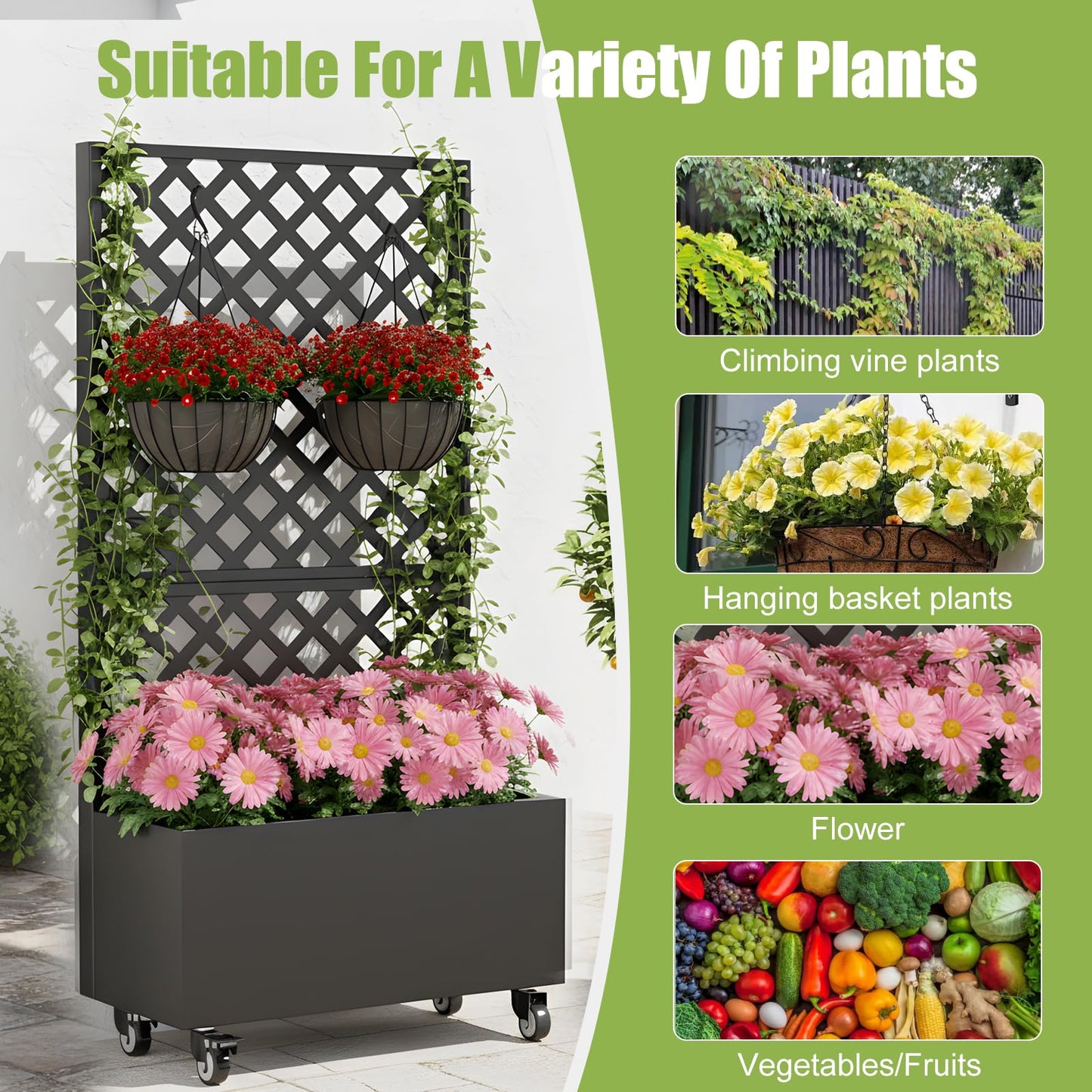 ZenithZest Metal Planter with Trellis, 72"x36"x16" Raised Garden Bed with Trellis and Wheels, Planter Box with with Privacy Screen for Climbing Plants, Flowers, Vegetables, Fruits