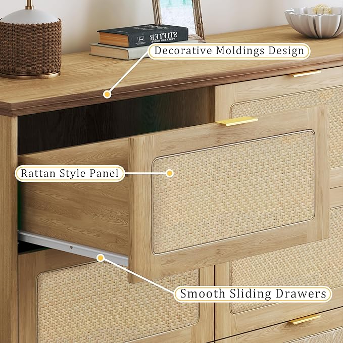 HUAHUU 9 Drawer Dresser for Bedroom, 60 Inch Long Dressers & Rattan Chest of