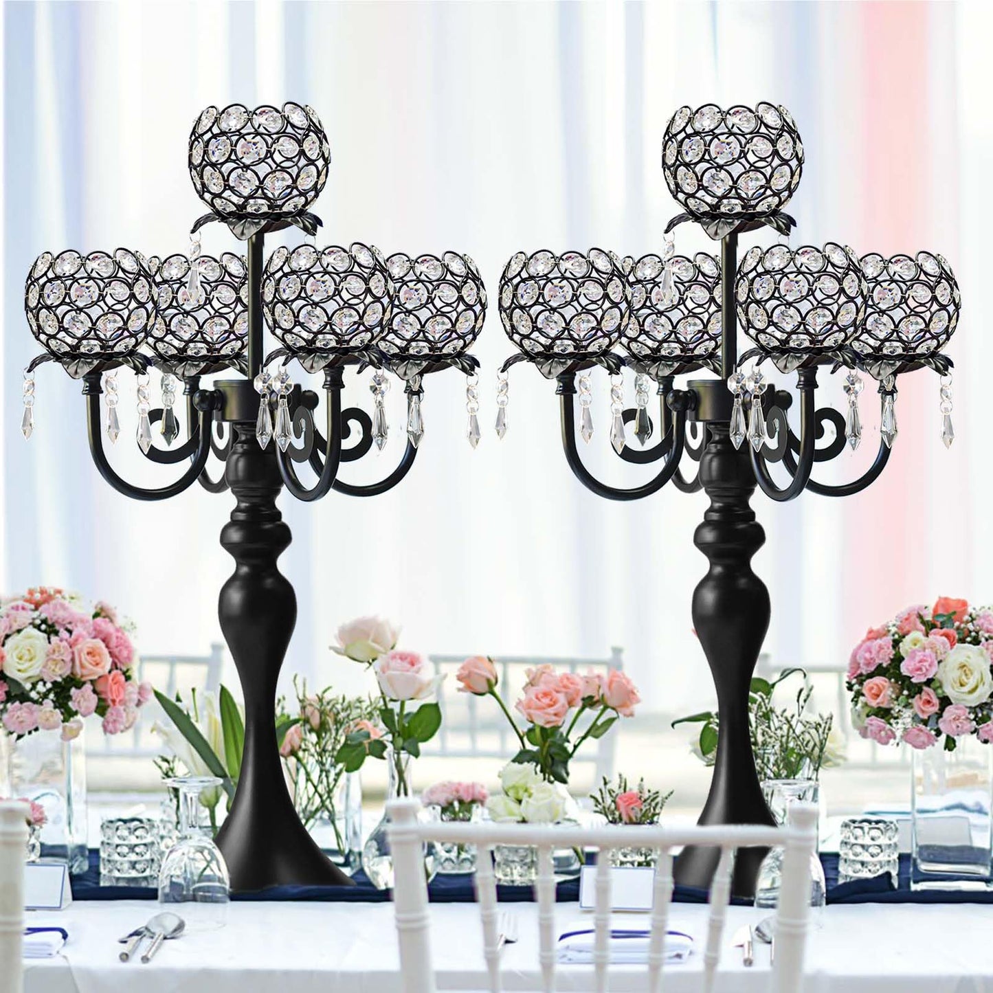 5 Arm Elegant Crystal Candle Holder,Candlestick for Wedding Table Centerpiece, 22 Inch Tall Candle Holder Table Candelabra Event Party Table Centerpiece,Home Decoration. (4, Black, Round Crystal)