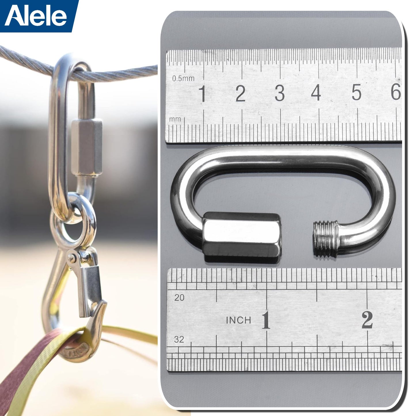 15/64" Quick Link,Alele 8 Packs M6 Stainless Steel Chain Connector,Heavy Duty D Shape Locking Looks for Carabiner, Hammock, Camping and Outdoor Equipment