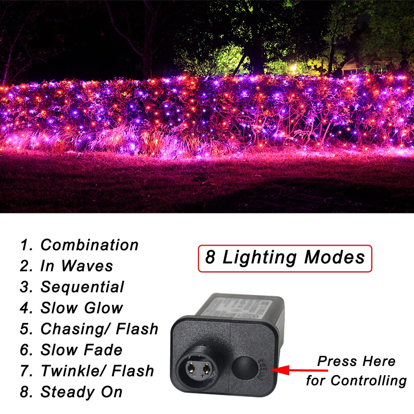 Pooqla 360 LED Halloween Net Lights Outdoor, 21 ft x 5 ft Connectable Mesh String Lights 8 Modes Waterproof Plug in for Halloween Decoration Bushes Yard Garden Party, Orange and Purple