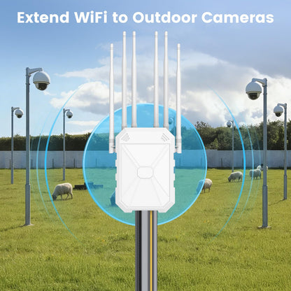 AC1200 Outdoor WiFi Extender, Long Range Outdoor WiFi Extender Signal Booster WiFi Access Point with 6 Antennas, IP67 Weatherproof,W/PoE, for Starlink, Camping,Cameras