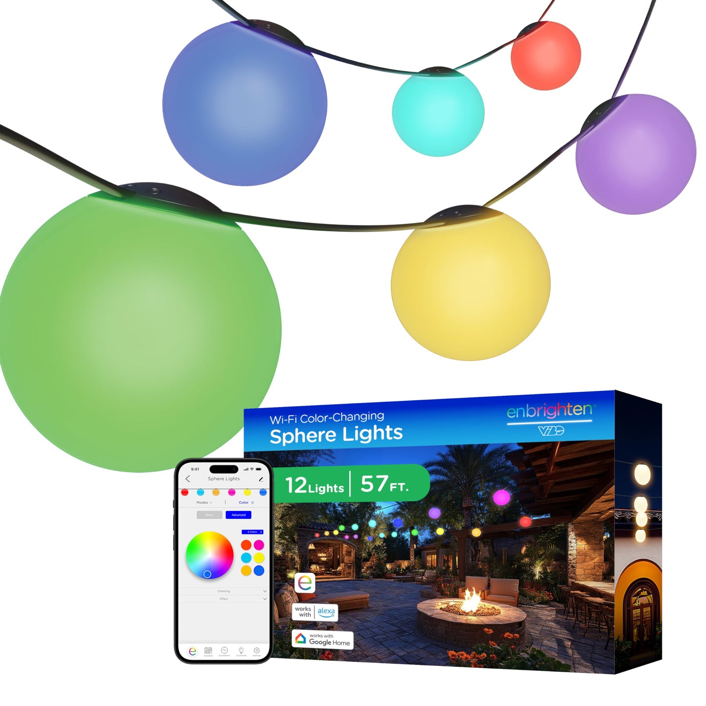 Enbrighten Vibe Sphere Outdoor String Lights, 57ft, 12 RGBWIC Bulbs, 6in Extra Large Spheres, Waterproof, Patio, Backyard, Gameday, Holiday, Smart App, Compatible with Alexa, Google Home, 85976
