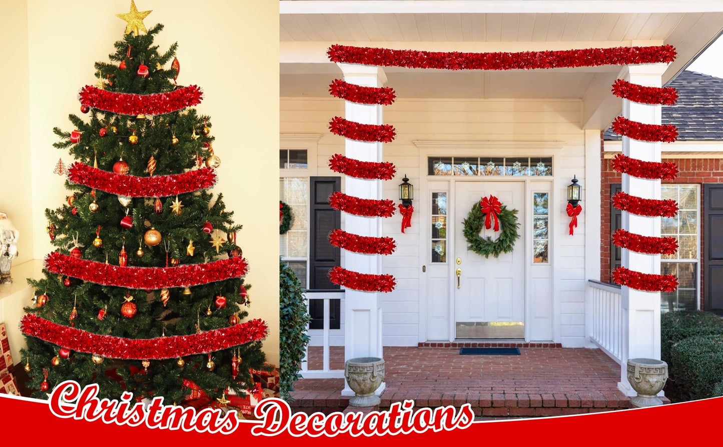 50Ft Red Christmas Garland Decorations,Xams Tinsel Stems Non-Lit Soft Twist Garland Decor for Tree Stairs Railing Front Door Mantle Fireplace Indoor Outdoor Holiday Home