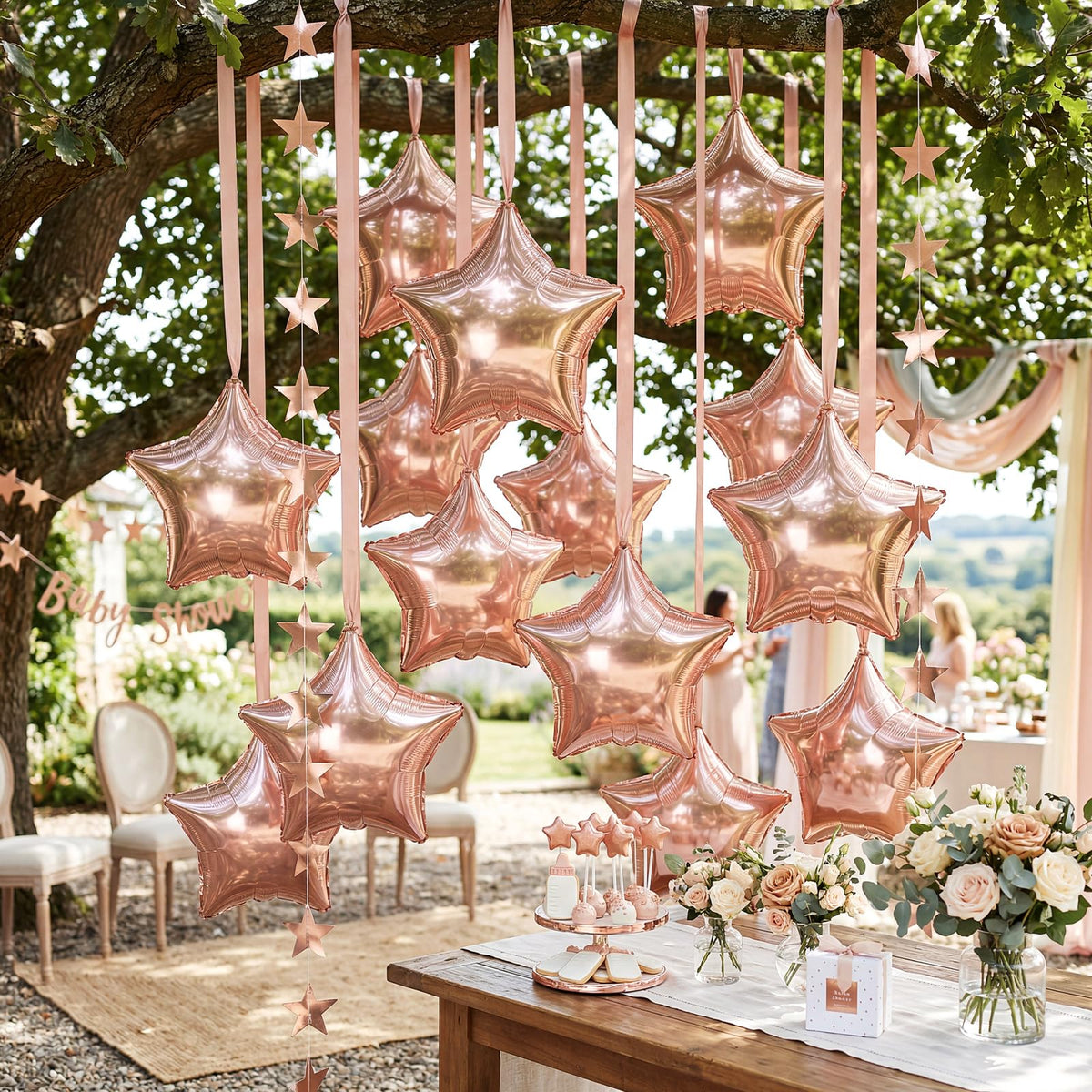 Duraaamo 30 Set Star Foil Balloons Bulk 22 Inch Metallic Star Balloons and Stars Banner and Satin Ribbon for Ceiling Birthday Ornaments Party Decor(Rose Gold)