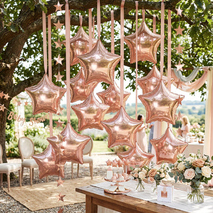 Duraaamo 30 Set Star Foil Balloons Bulk 22 Inch Metallic Star Balloons and Stars Banner and Satin Ribbon for Ceiling Birthday Ornaments Party Decor(Rose Gold)