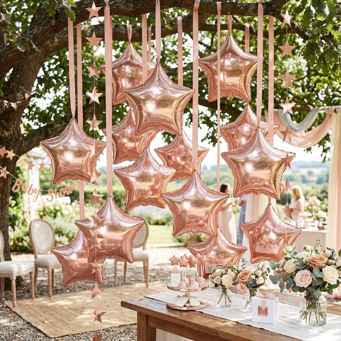 Duraaamo 30 Set Star Foil Balloons Bulk 22 Inch Metallic Star Balloons and Stars Banner and Satin Ribbon for Ceiling Birthday Ornaments Party Decor(Rose Gold)