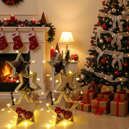 Geelin 6 Pcs Christmas Wooden Star Tabletop Centerpiece Sign with Light Strips Tape DIY Xmas Ornament for Farmhouse Fireplace Mantle Table Crafts Bookshelf Tiered Tray Decor (White)