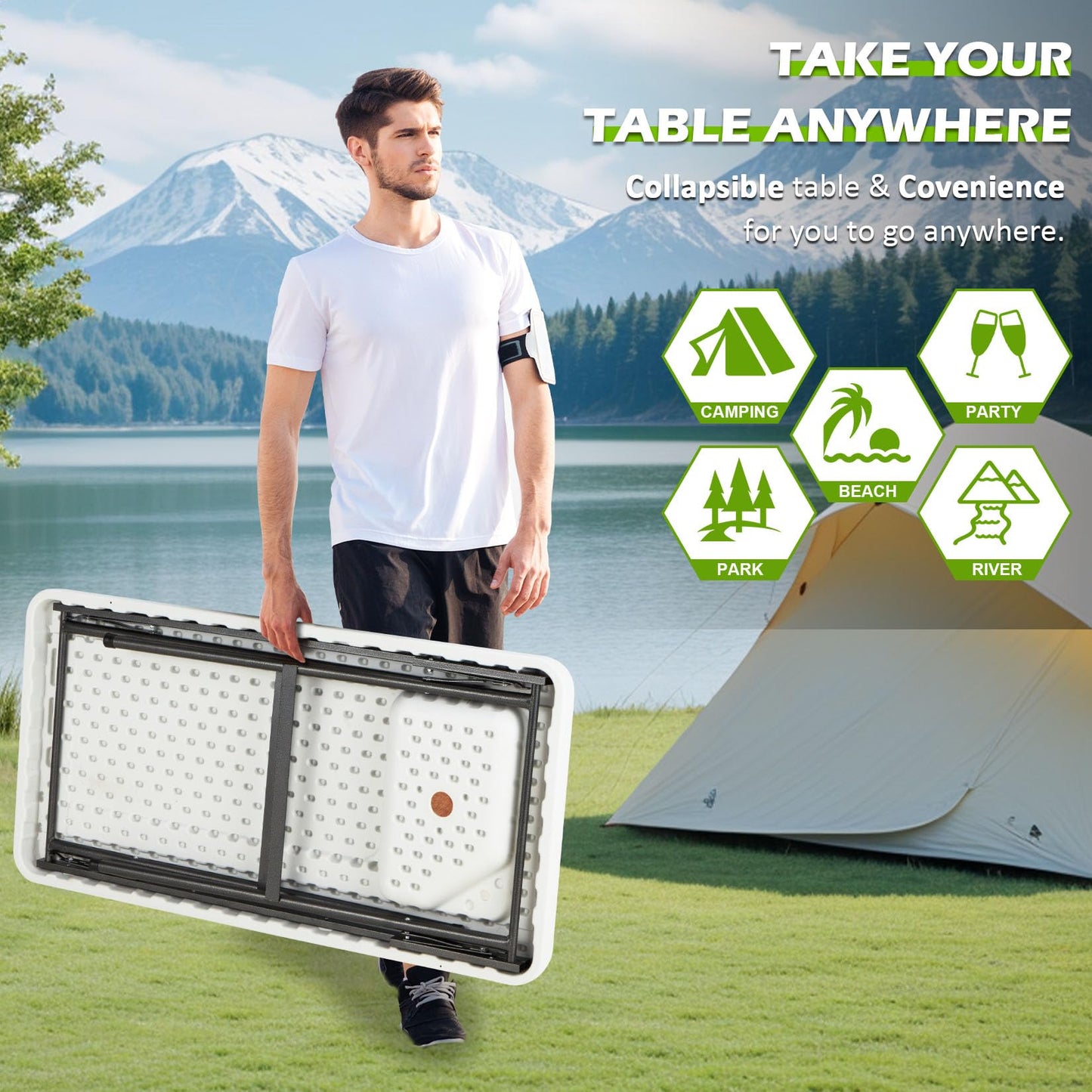 Avocahom Folding Fish Cleaning Table with Collapsible Bucket, Portable Outdoor Fillet Station Camping Sink Table with Faucet, Drainage Hose & Sprayer, Grid Rack, Knife Groove for Picnic Fishing