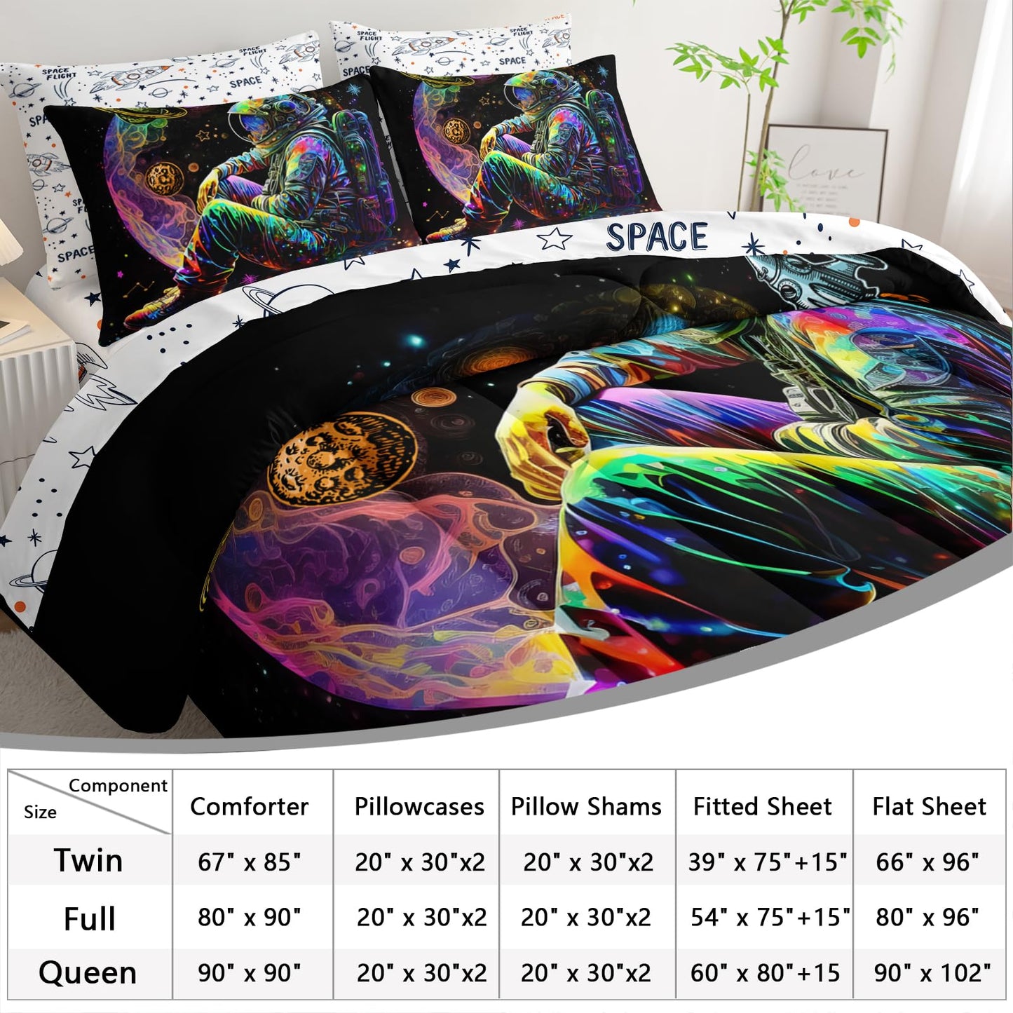 AILONEN Space Astronaut Comforter Set Twin Size,7-Piece Soft Bed in a Bag,Glowing Rocket Planet Spacemen Print Comforter & Fitted Sheet & Flat Sheet & 2 Pillowcases,2 Pillow Shams