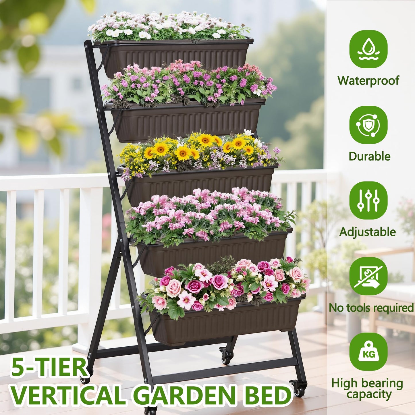 VECELO 5-Tier Vertical Garden Bed, Freestanding Elevated Raised Garden Planter with 5 Garden Planter Boxes, Lockable Caster Wheels, Drainage System, for Plants, Vegetables, Flowers, Herbs