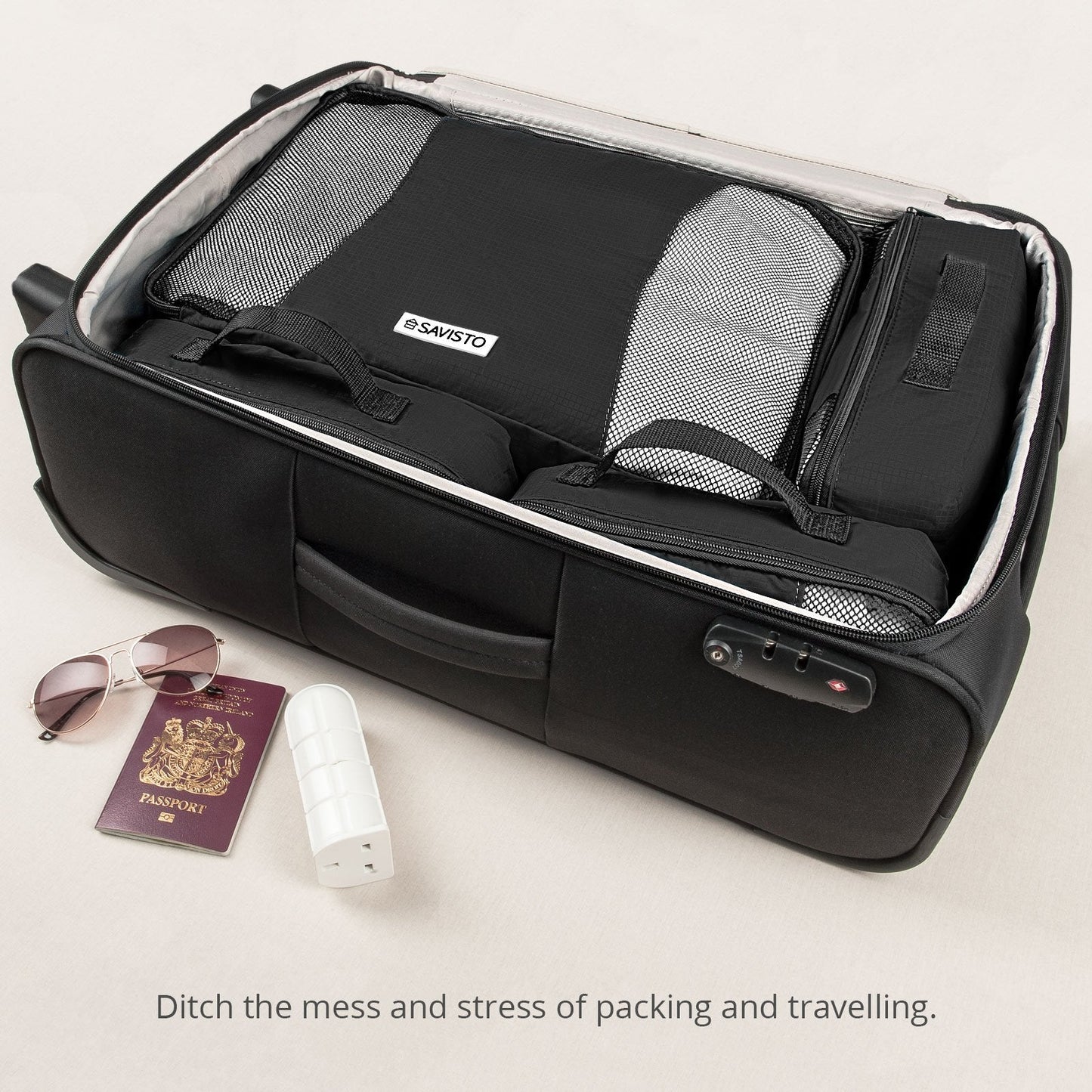 Savisto Packing Cubes 6 Piece Set, Durable & Lightweight Travel Essentials For Suitcases - Includes 1 XL, 2 L, 2 M, 1 S - Available in 8 Stylish Colours - Black