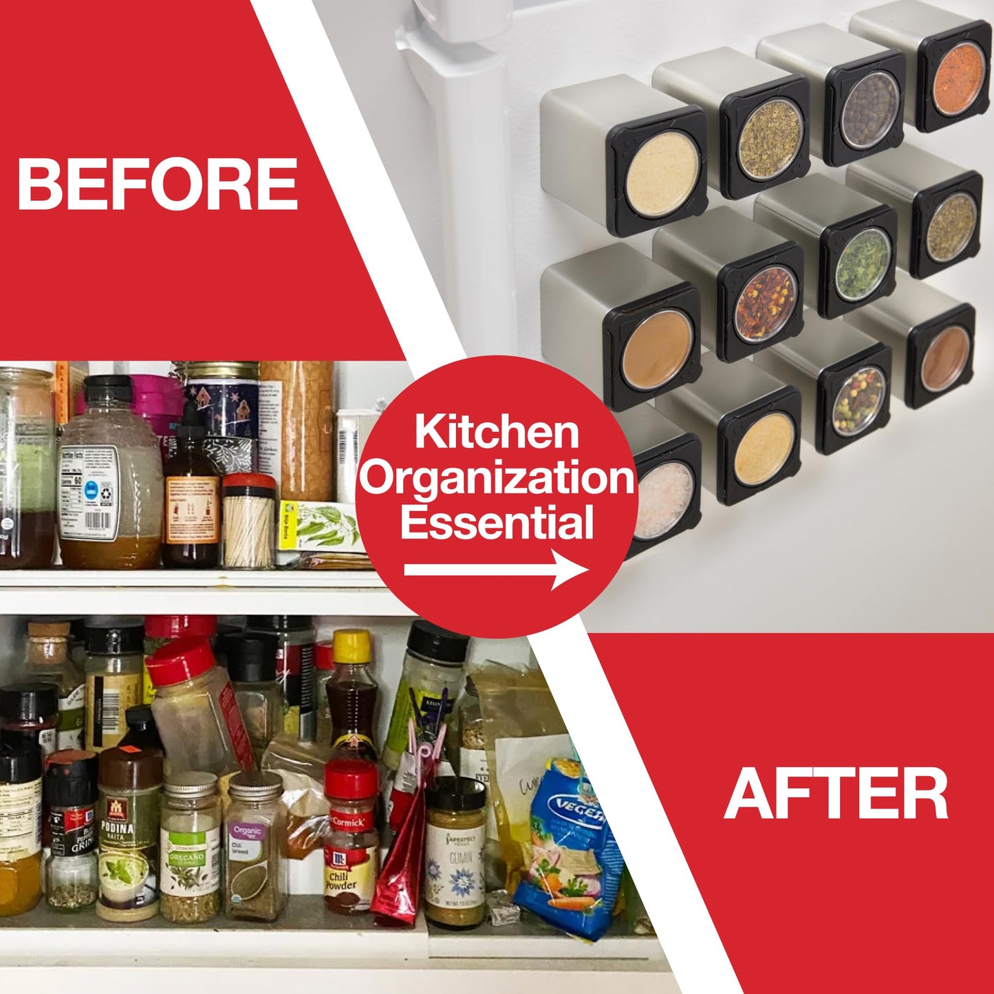 Set of 24 Magnetic Spice Jars, Shake or Pour Containers Attach to Most Refrigerator Doors & Appliances, Seasoning Dispensers- Easy Open Window Top Shakers- Salt Pepper Organizers, Space Saving Baking