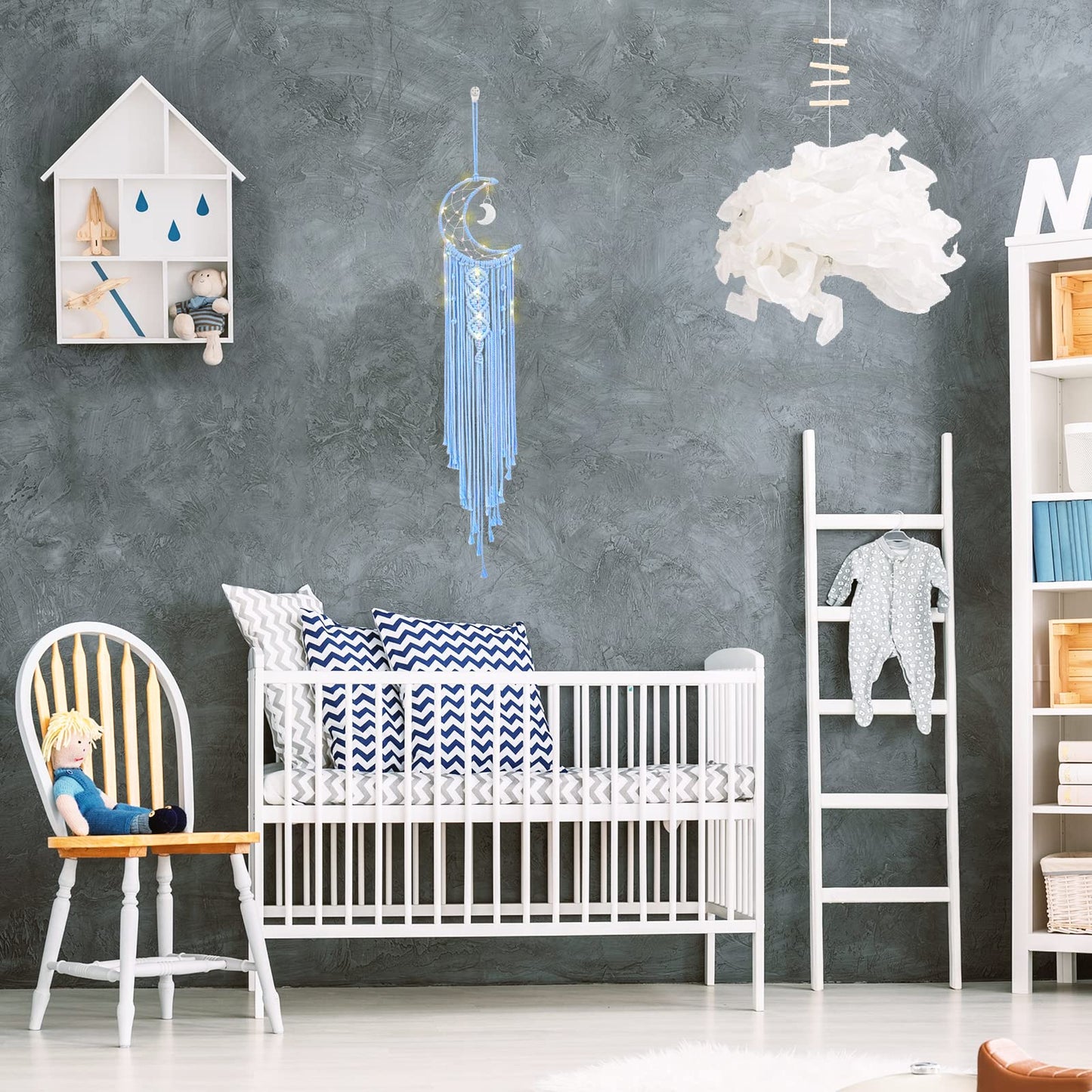 Macrame Moon Dream Catcher for Girl, Blue Boho Crescent Dreamcatcher for Bedroom Adult, Handmade Nursery Room Wall Hanging with Star Pendant for Teen Boy, Bohemian Home Decoration Idea