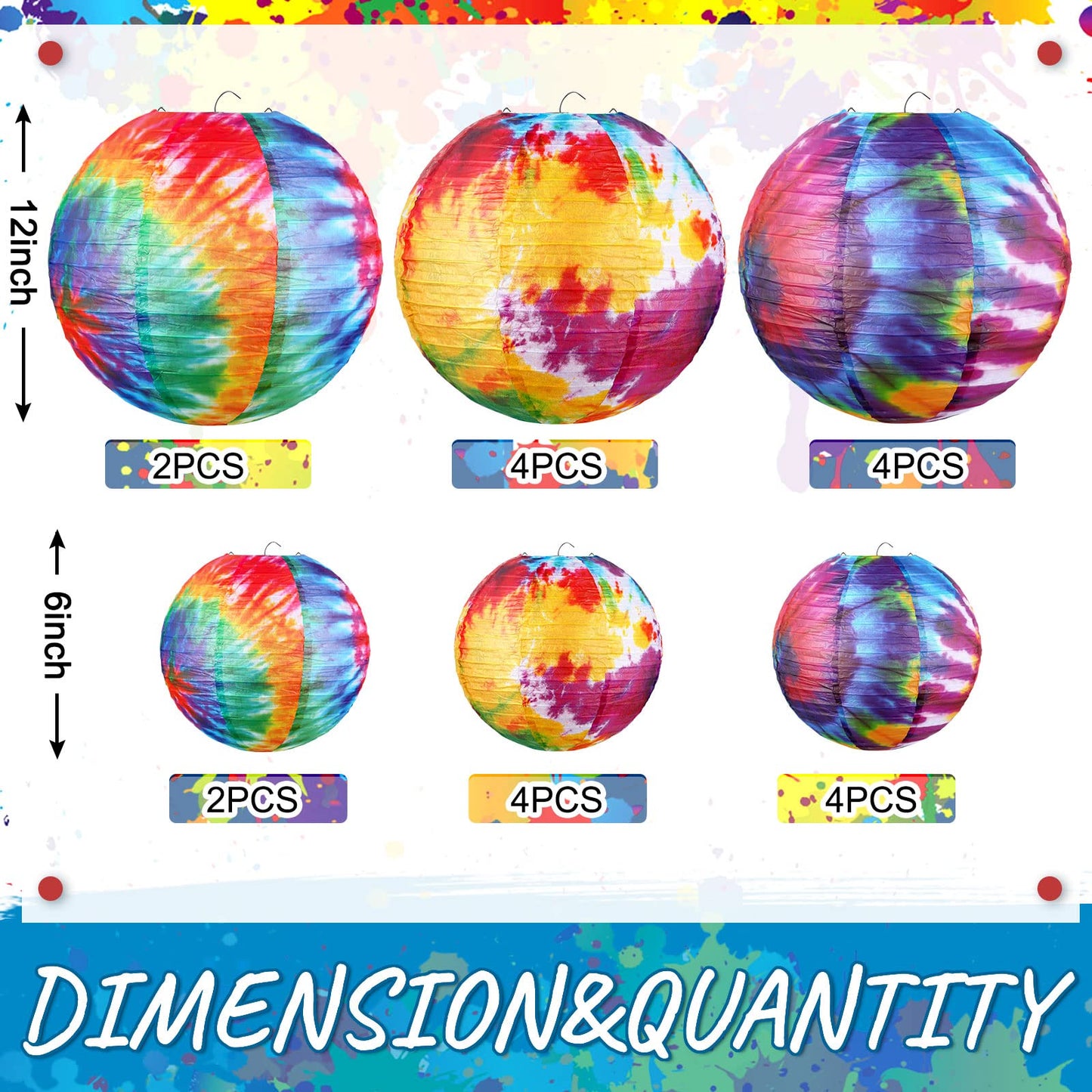 20 Pcs Tie Dyed Groovy Paper Lanterns Chinese Japanese Lanterns Groovy Party Decorations Tie Dye Party Supplies Classroom Hanging Ceiling Decorations for Home Decor Parties Weddings, 12 Inch, 6 Inch