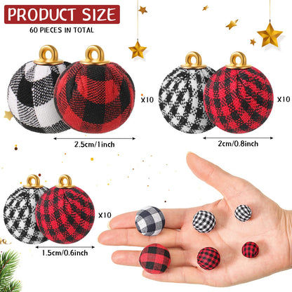 60 Pieces Mini Christmas Ball Ornaments Multi-Size Buffalo Check Fabric Wrapped Balls Decorative Xmas Tree Wreath Hanging Pendant for Holiday Party Decorations (Red-Black Plaid, Black-White Plaid)