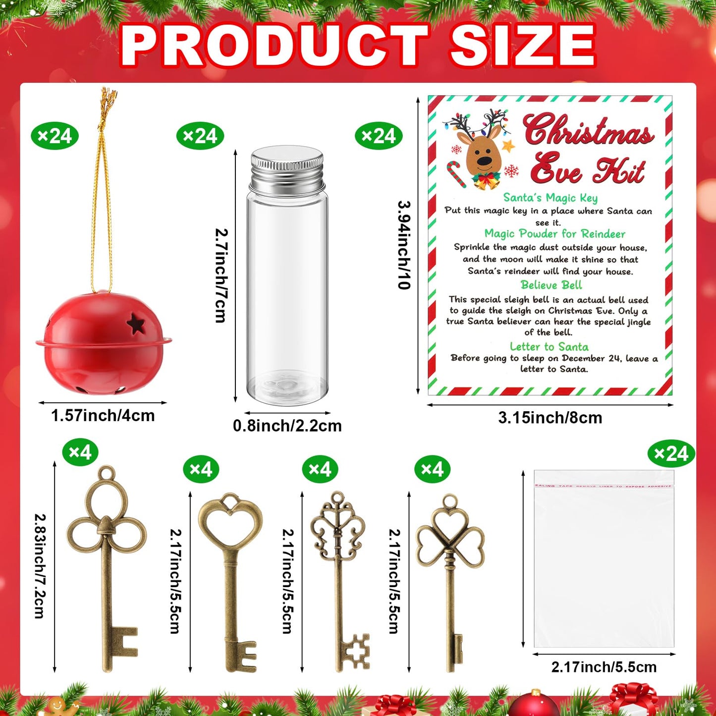 FoldTier 24 Set Christmas Eve Kit Santa Bell Santa's Magic Key Magic Reindeer Food Glass Jar Red Bell Xmas Key for Christmas Party Favor Eve Present for Family Stocking Stuffer Tree