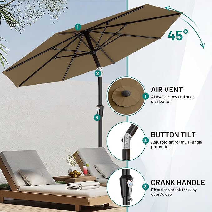 AreShark 9 FT Patio Umbrella for Outdoor, Outdoor Table Umbrella with Push Button Tilt and Crank, Outdoor Patio Umbrellas with 8 Sturdy Ribs for Market, Garden, Pool (Khaki)