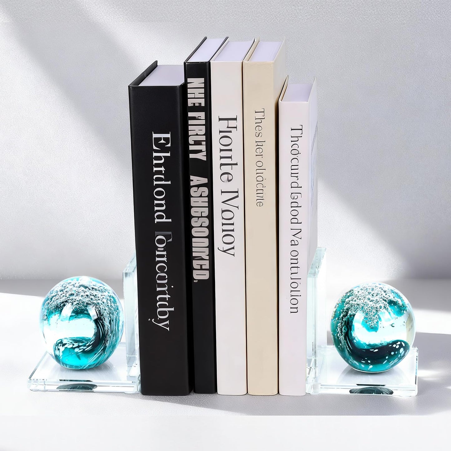 Glass Book Ends Set of 2, L-Shaped Bookends with Sea Wave Ball Design – Non Skid Heavy Duty Decorative Book Stopper for Shelves, Desk, and Home Office