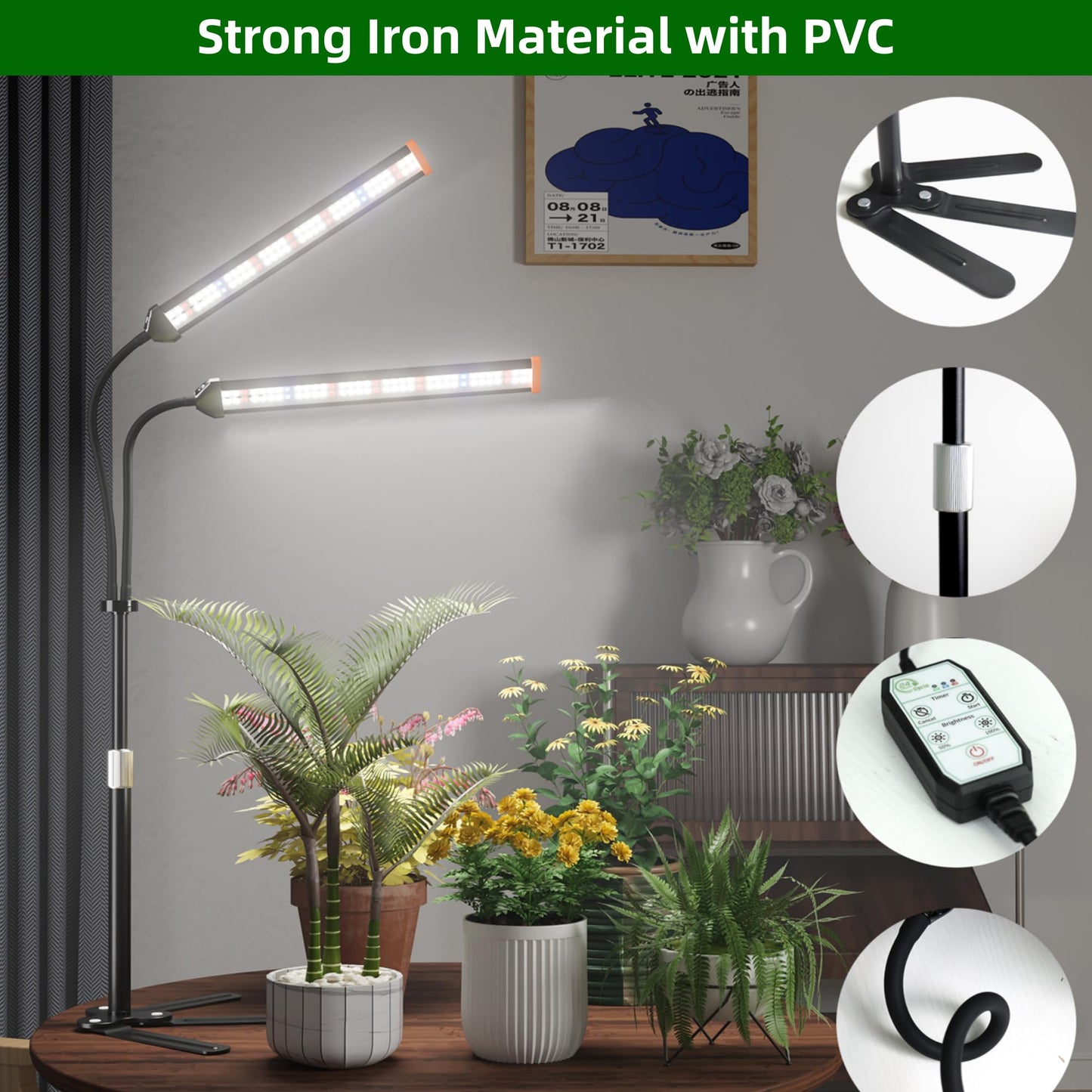 GooingTop Grow Light for Indoor Plants,5000K Full Spectrum Growing Plant Lamp with White Red Blue LED for Pots Succulents Seed Starting,Height Adjustable 10-32'' with Optional Dimming & Timer