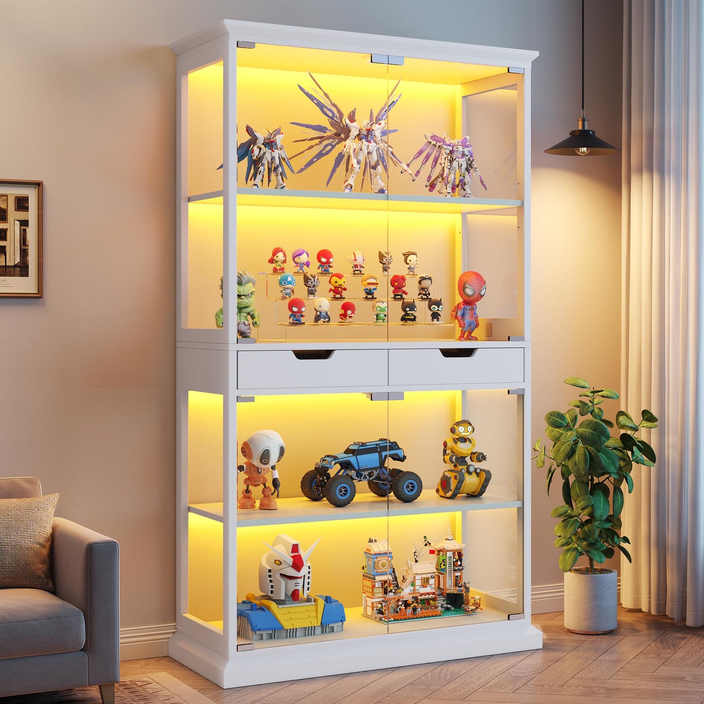 Jocoevol Display Cabinet with Glass Doors, 4-Tier Curio Cabinet with with 2 Drawers for Collectibles, Modern Glass Display Case Human Body Sensor & RGB Lights for Living/Game Room (White)