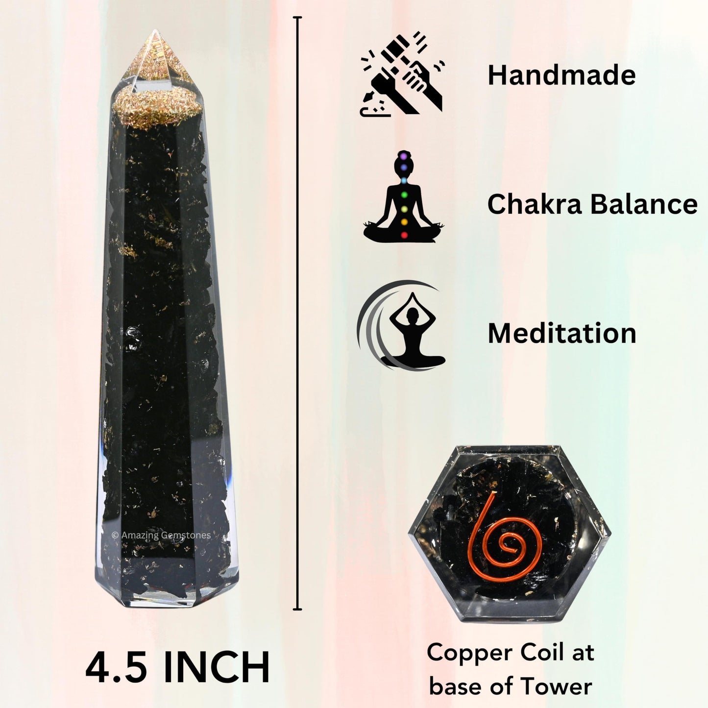 Amazing Gemstone Black Tourmaline Orgonite Orgone Crystal Towers - Large 4.5" Orgonite Crystal Wand Obelisk Tower Point for Meditation, Crystals and Healing Stones Gift and Protection