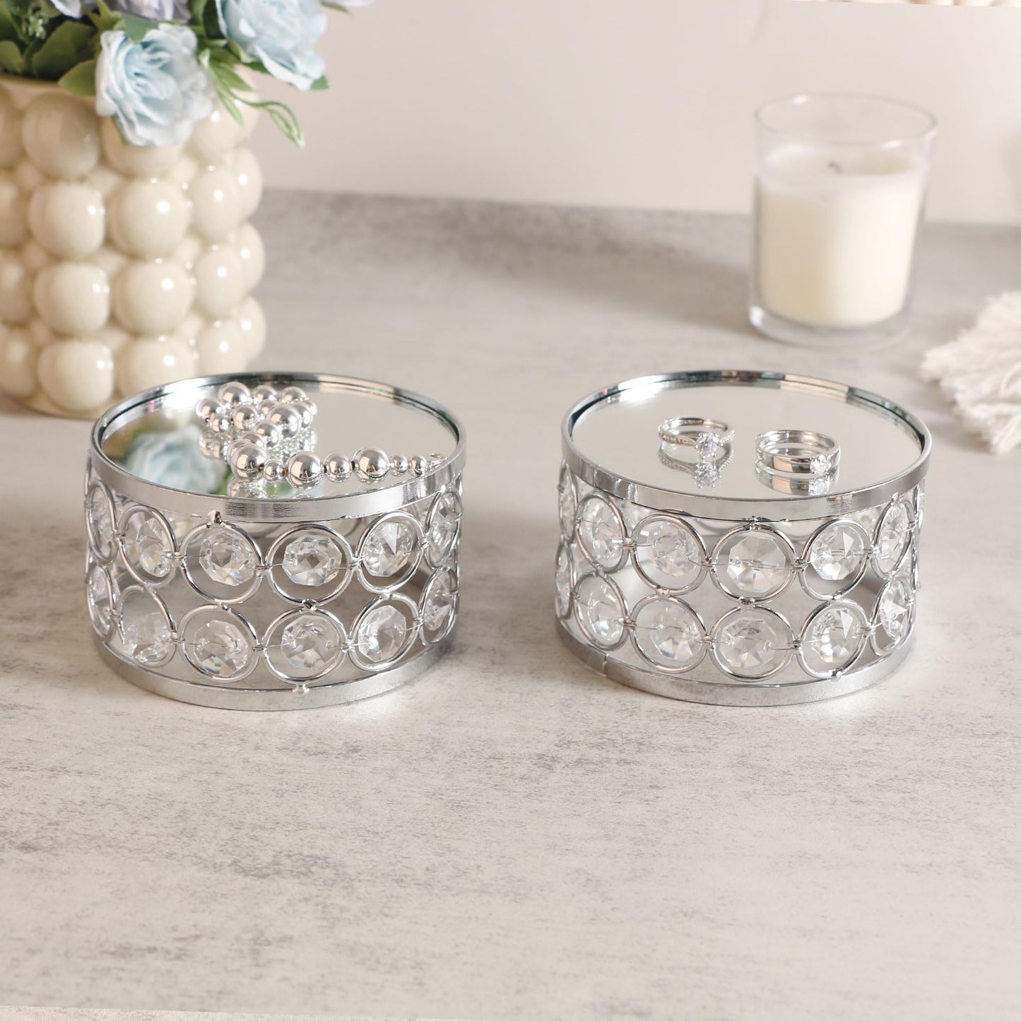 Feyarl Crystal Display Stand Riser with Mirror Base Perfume Jewelry Organizer Anime Figure Action Figure Display Stand Keepsake Decorative Decor Holder for Vanity Wedding Home Decor (Silver)