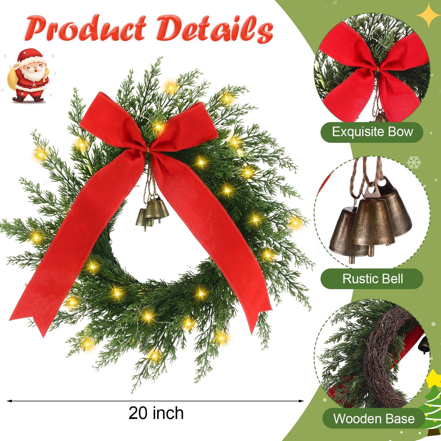 2 Pcs 20 Inch Pre-lit Christmas Cedar Wreaths with Bow Bells Artificial Norfolk Pine Lighted Xmas LED Christmas Swags Wreath for Indoor Outdoor Windows Porch Wall Home Decor