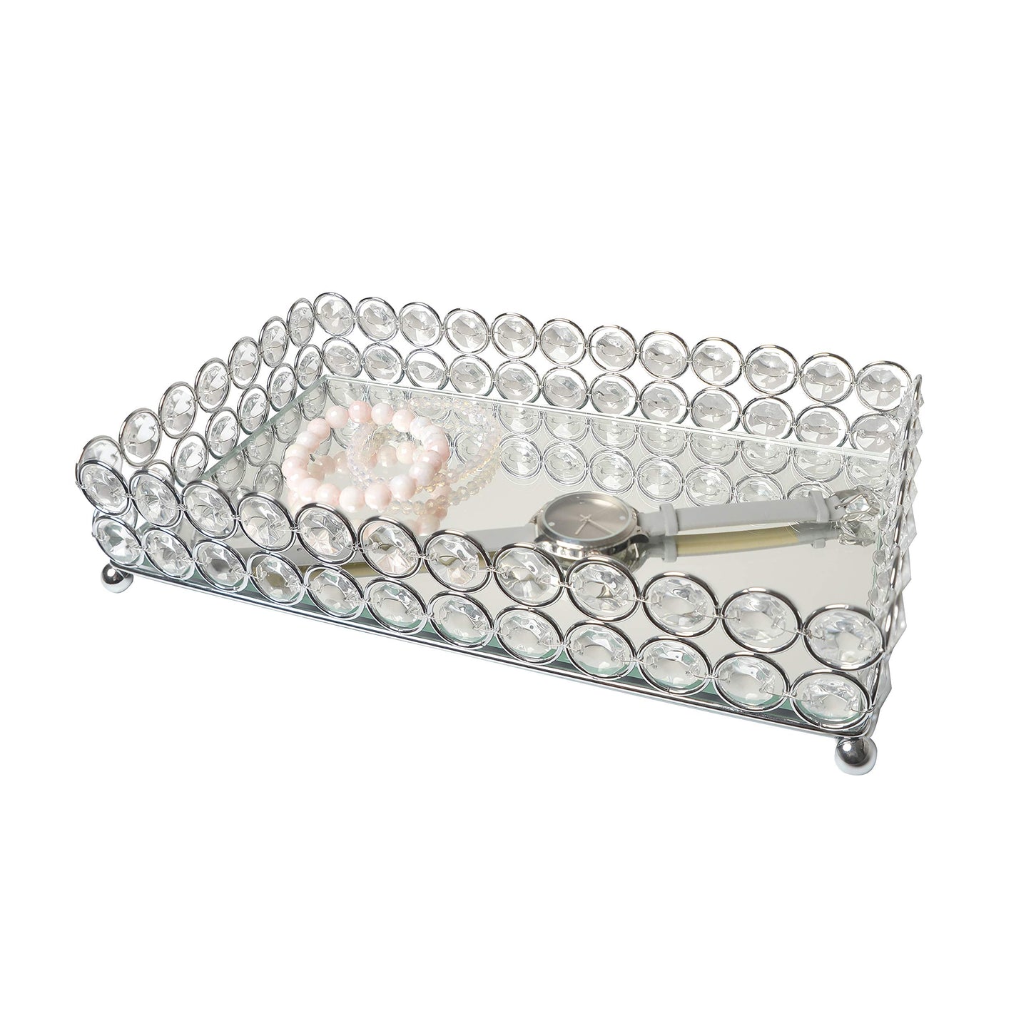Elegant Designs HG1010-CHR Elipse Crystal Decorative Mirrored Jewelry or Makeup Cosmetic Perfume Vanity Organizer Tray, Chrome
