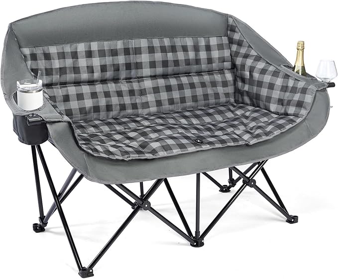 Double Camping Chairs Padded Loveseat Chair for 2 Person - Heavy Duty Oversized Camping Couch for Adults Outdoor Lawn Beach Portable Folding Sofa with Cup Holders Support 600lbs, Grey