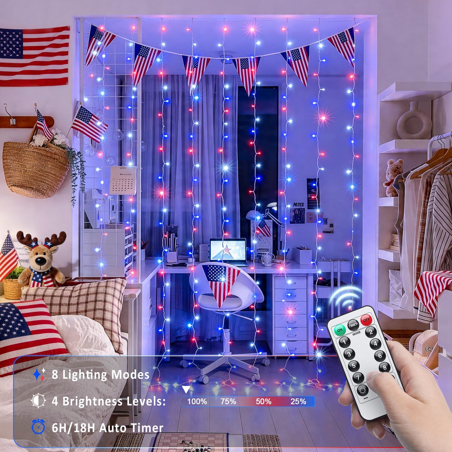 JMEXSUSS 300LED Red White and Blue Lights with Remote, 4th of July Lights Plug in, Patriots Curtain Hanging String Lights for Bedroom Wall Window Backdrop Indoor Outdoor 4th of July Decor, 9.8x9.8ft