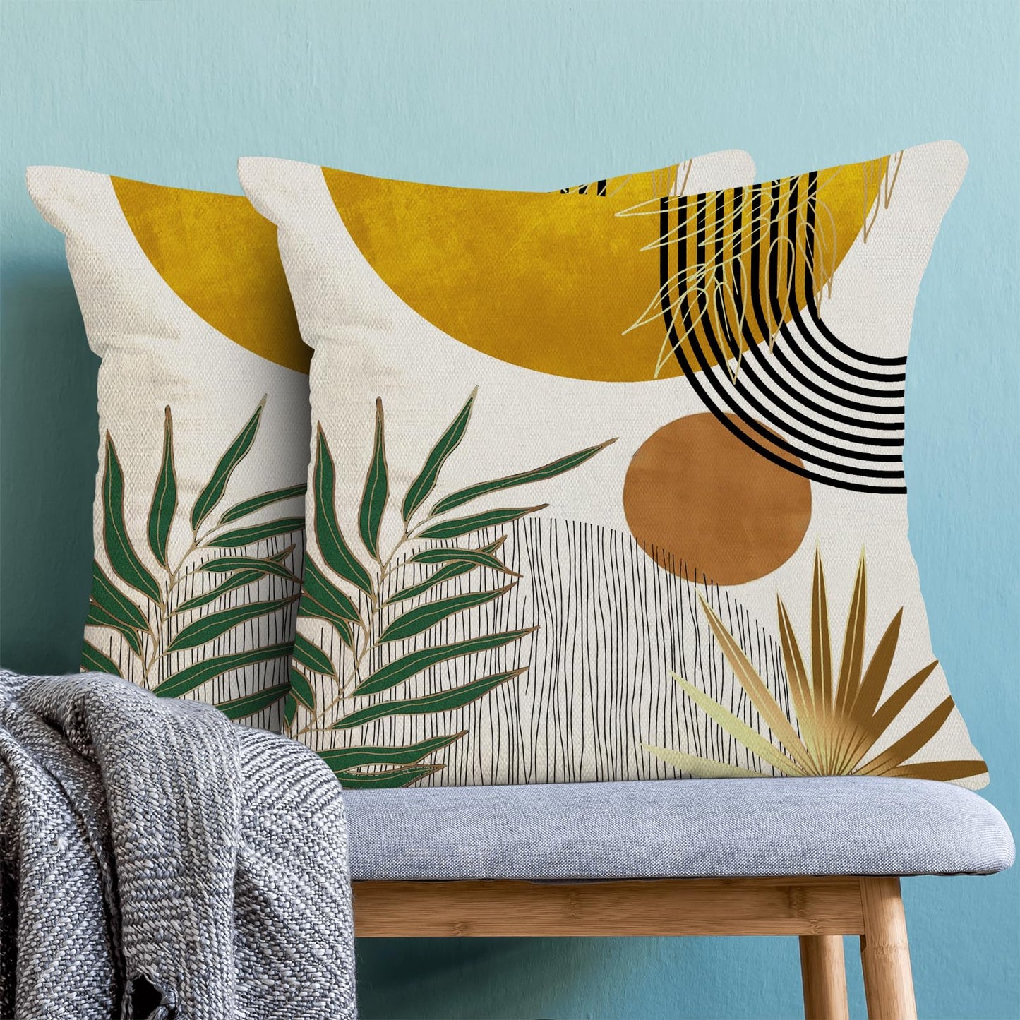 Boho Pillow Covers 18x18 Inch 2 Pcs,Mustard Yellow Green Tropical Leaf Summer Outdoor Decorative Throw Pillows,Mid Century Abstract Farmhouse Decor Pillowcase Linen Cushion Cover for Couch Sofa