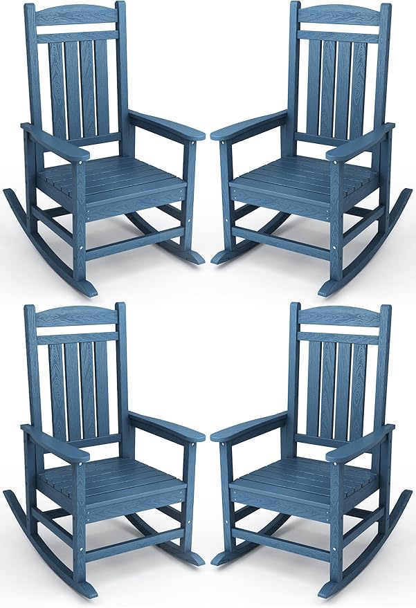 KINGYES HDPE Patio Rocking Chair Set of 4, Outdoor Rocking Chairs Porch Rocker for Adults, Navy