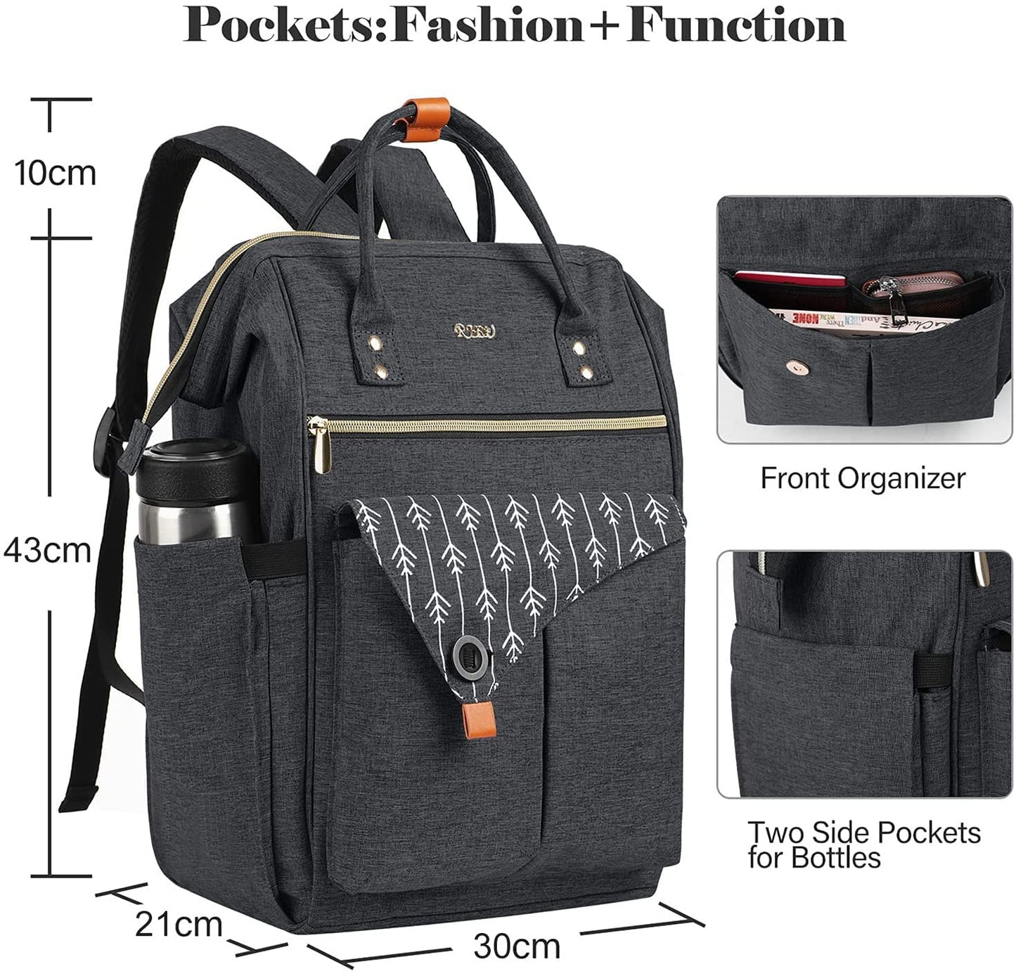 RJEU Backpack, School Backpack for Uni Leisure Job, Beautiful and Sophisticated Daypack with Laptop Compartment & Anti Theft Pocket, Waterproof Backpack Gifts for Mum Girl For Birthday, Hy58-black