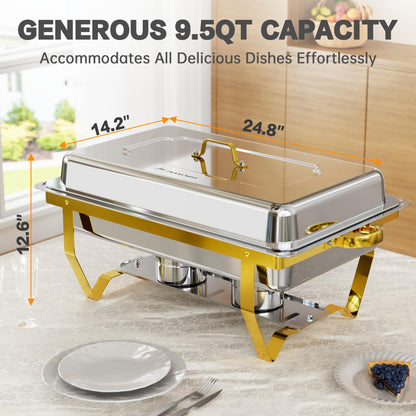 IMXSUMDA 6 Pack Chafing Dish Buffet Complete Set, 9.5QT Large Rolled Edge Stainless Steel Food Warmer with Foldable Frame, Water Pan & Fuel Holder, Elegant Gold & Silver for Party, Wedding, Catering