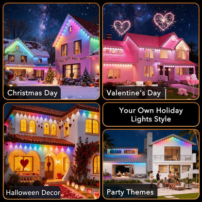 Permanent Outdoor Lights,200ft RGB + IC Smart LED Eaves Lights with App & Remote Control, IP67 Waterproof,for Christmas and All Holiday Decor,Daily and Accent Lighting,House Roof and Garden Lighting