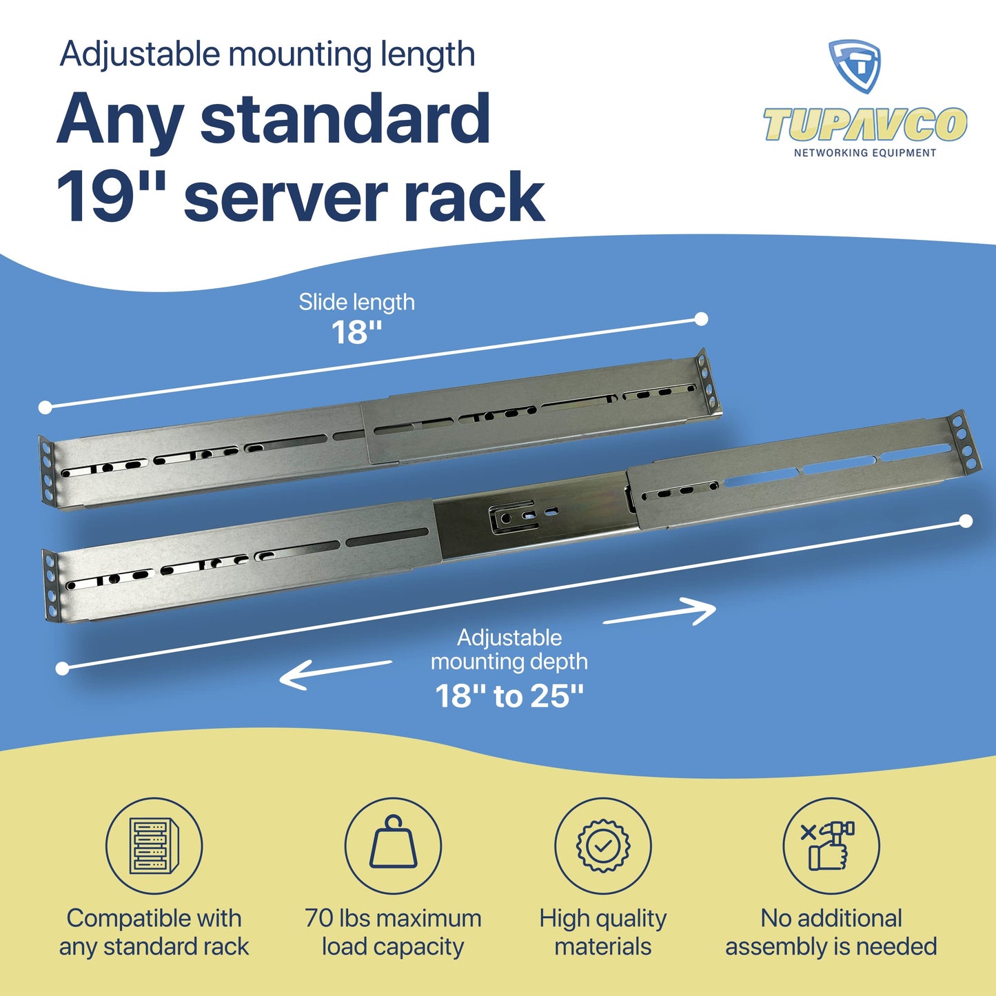 Rackmount Sliding Rails - Kit for 1U-4U Chassis (Adjustable 18" to 25" Depth) 2 or 4 Post Mount Sliders for Server Case (Compatible with Any Standard Rack, Cabinet, Computer Enclosure) Tupavco TP1811