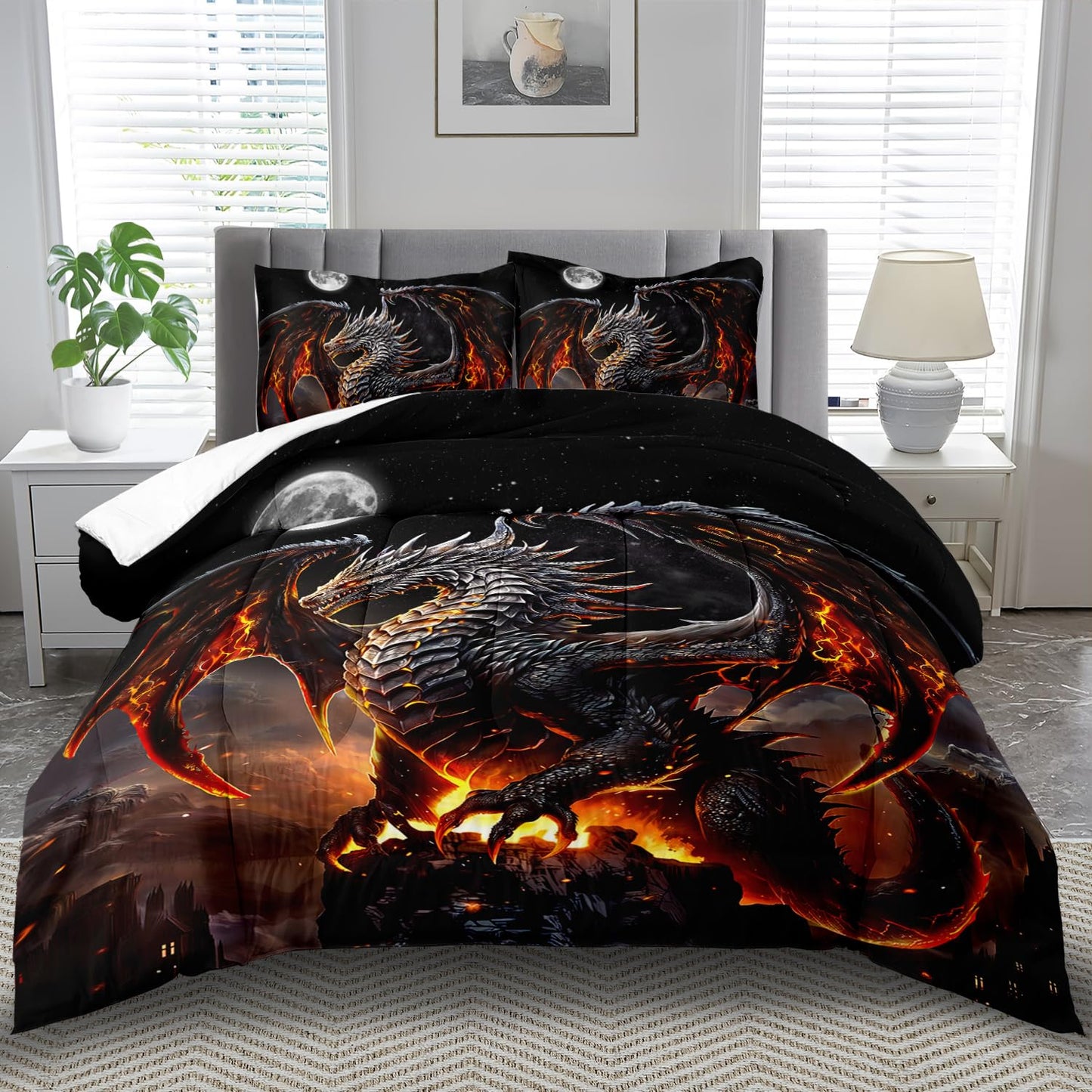 llyxsesty Black Dragon Comforter Set Full Adult,Flame Dragon Bedding Set for Boys,Magical Beast Bedding Fantasy Animal Comforter Beedroom Decor,Magical Beast Quilt Bed Decor