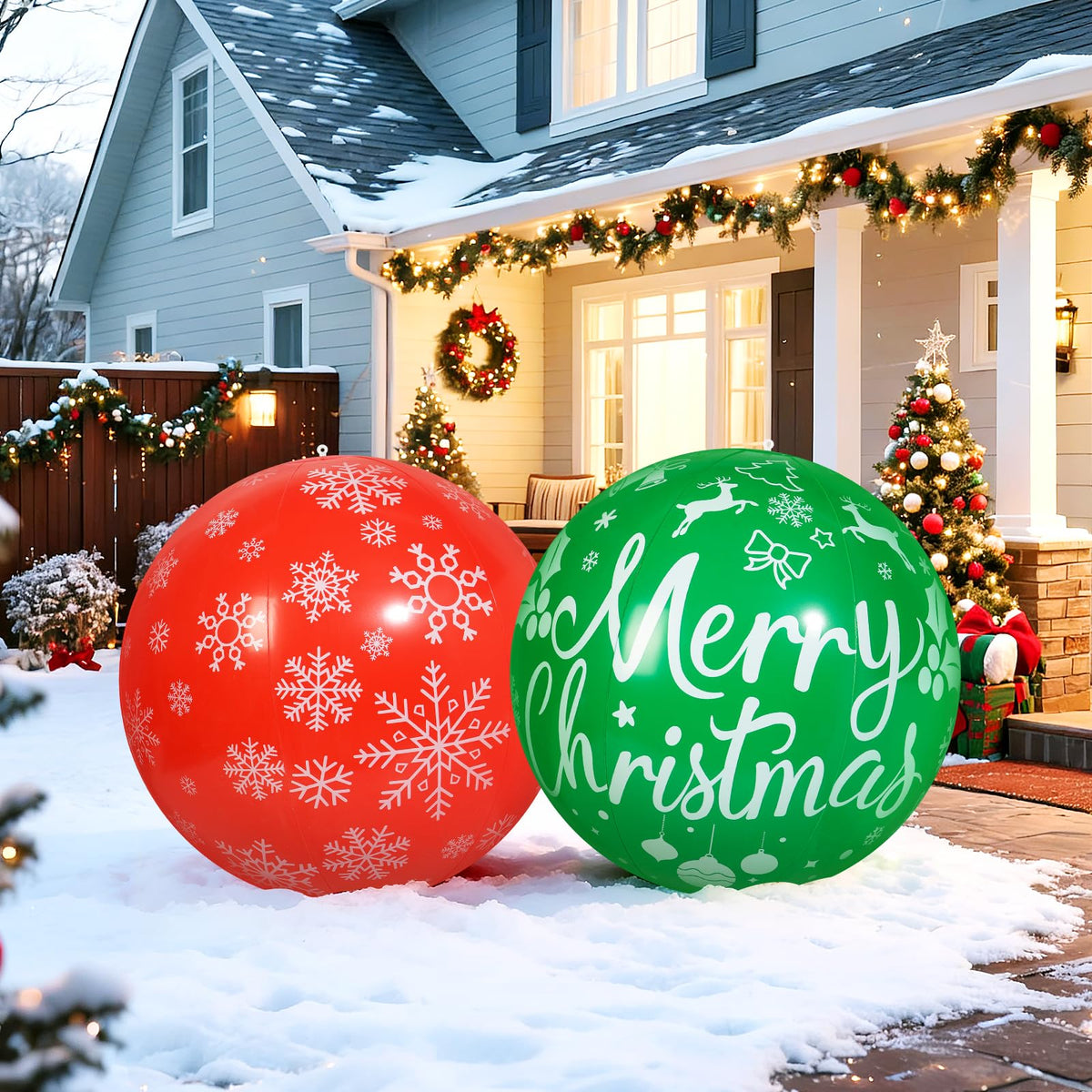 Wlicon 2 PCS 32 Inch Large Christmas Inflatable Balls Outdoor Inflatable Christmas Ball Ornaments for Xmas Garden Lawn Yard Holiday Front Door Window Decoration