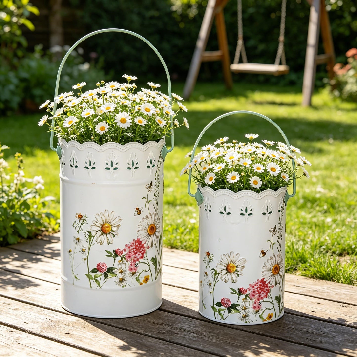 Zorvynelle Set of 2 Rustic White Metal Flower Pots, Decorative Floral Buckets Farmhouse Iron Vases Planters for Dried Flowers, Faux Plants, Home Garden Decor