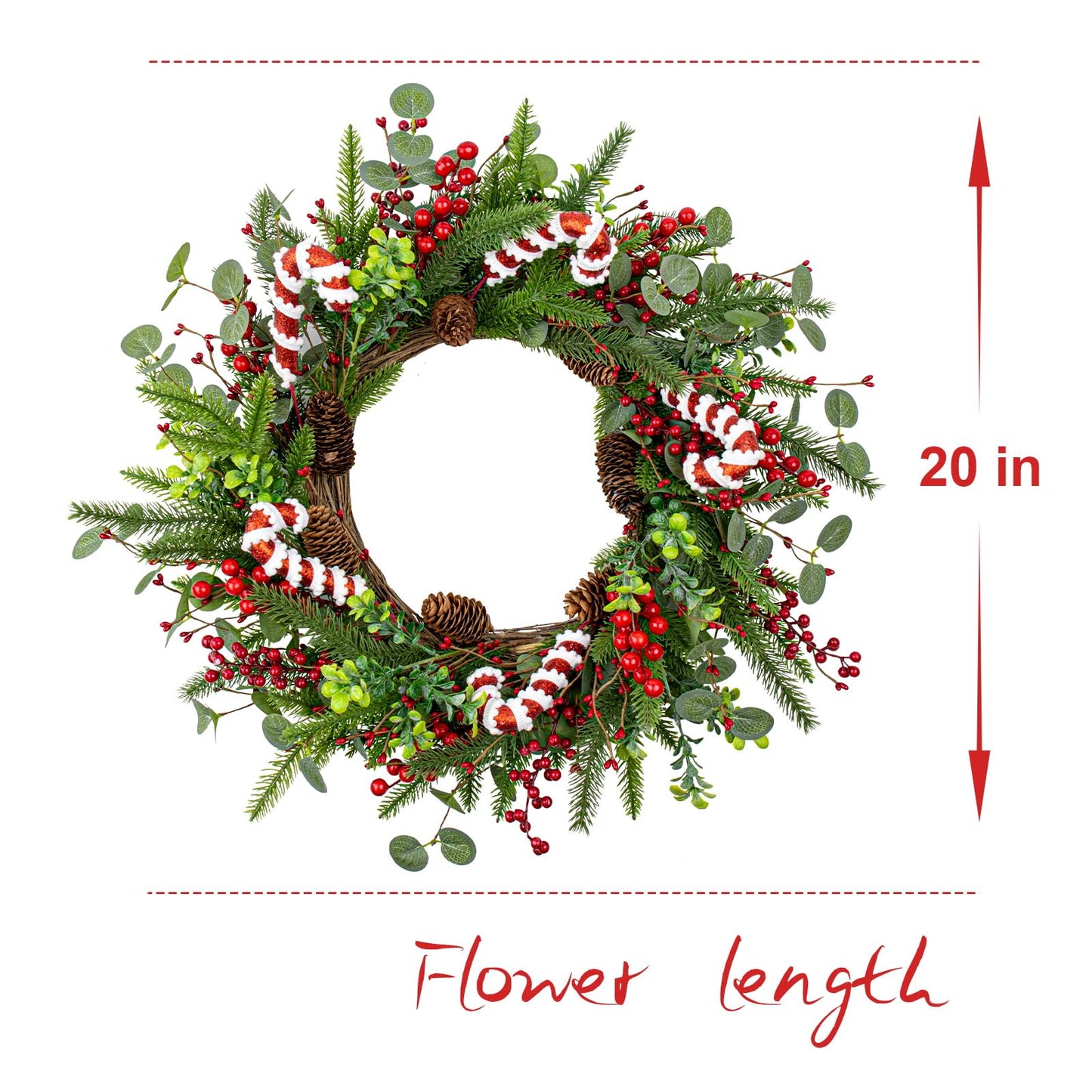 MG MagicGarden Christmas Wreaths for Front Door 20 Inches Artificial Christmas Wreath with Red Holly Berries Pine Needles Pine Cones Candy Canes for Xms Holidays